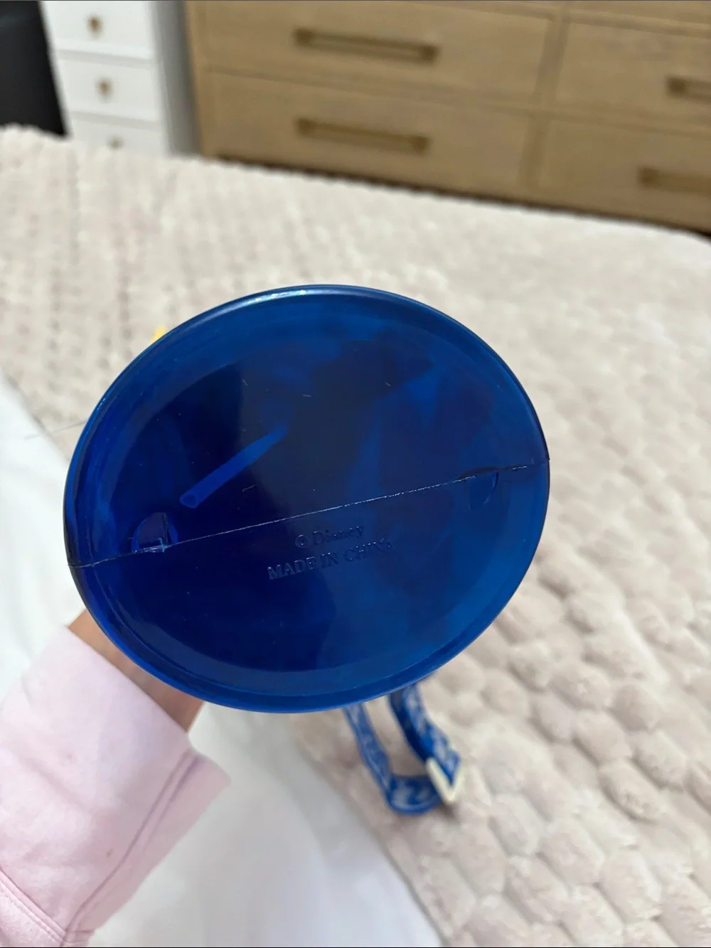 Discontinued Disney Blue Handheld Fan with Yellow Blades and Character Strap